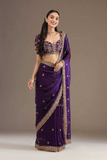 Purple Frandy Satin Silk Saree with Sequins & Jari Dori Embroidery