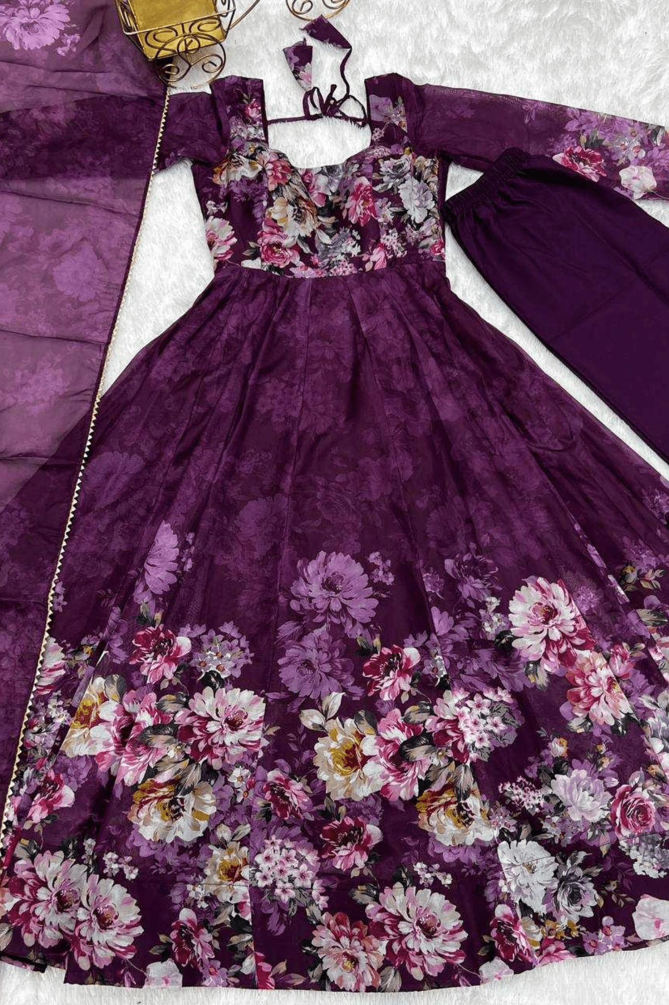 Royal Wine Floral Printed Organza Silk Anarkali Suit Set - kavyo.in