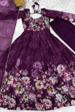 Royal Wine Floral Printed Organza Silk Anarkali Suit Set - kavyo.in