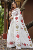 White Soft Chanderi Cotton Saree with Embroidery & Zari Patti Border