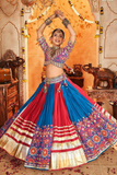 Royal Blue & Red Muslin Cotton Digital Print Lehenga with Mirror & Lace Work