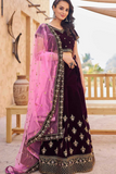 Wine Velvet Embroidered Zari Work Lehenga Set with Net Dupatta
