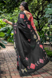 Black Soft Chanderi Cotton Saree with Embroidery & Zari Patti Border