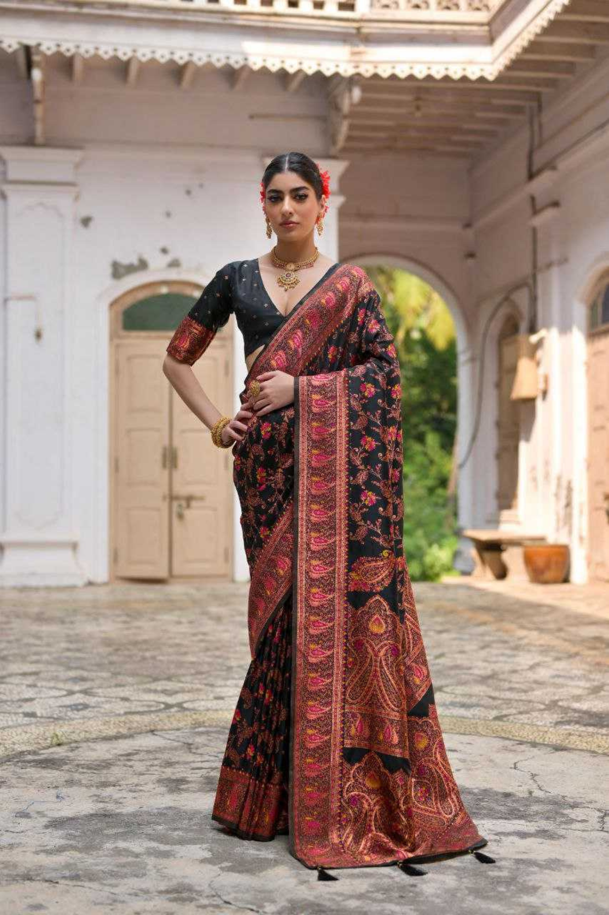 Black Extra Soft Pashmina Silk Saree with Kashmiri Jal Weaving & Zari-Meena Work