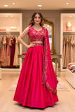 Hot Pink Malai Satin Sequins Embroidered Lehenga Set