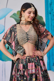 Black Multicolor Patchwork Chinnon Silk Lehenga Choli Set with Choker-Style Chiffon Dupatta