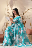Soft Georgette Aqua Blue Saree with Bold White Floral Digital Print & Tassel Pallu