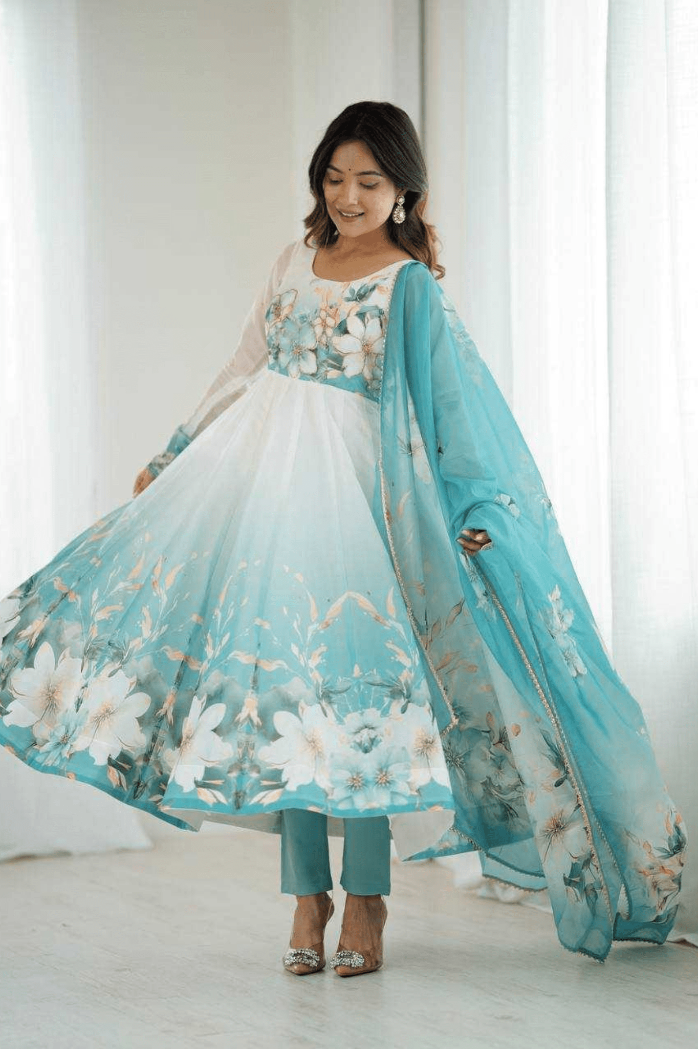 Pastel Aqua Organza Silk Handwork Anarkali Gown Set - kavyo.in