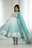 Pastel Aqua Organza Silk Handwork Anarkali Gown Set - kavyo.in