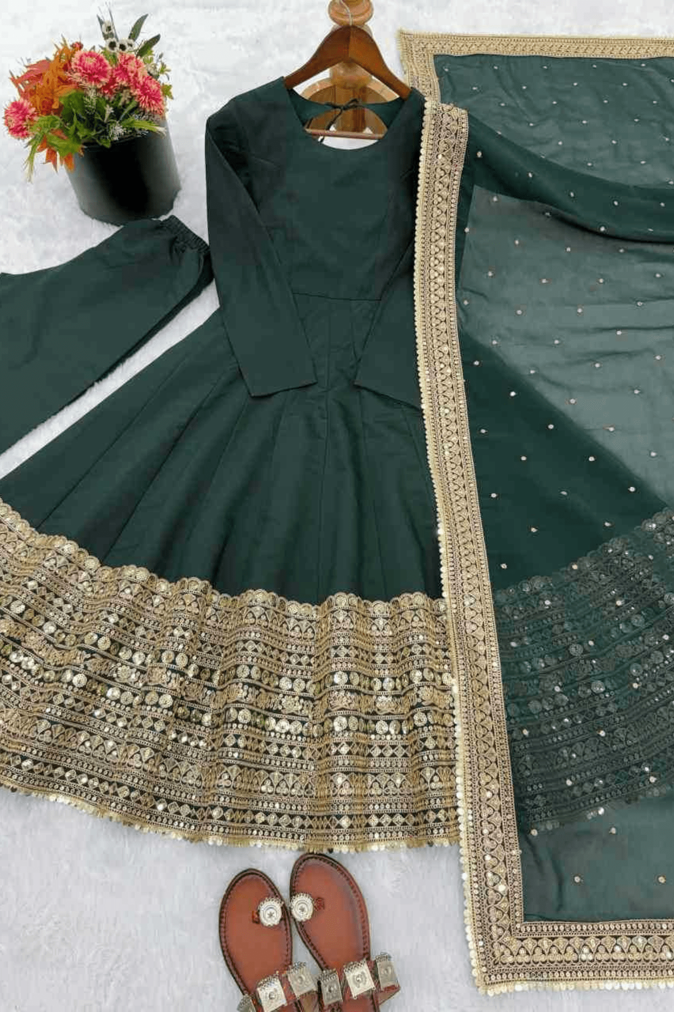 Emerald Green Roman Silk Anarkali Gown with Coding Sequins & Dupatta - kavyo.in