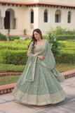 Sea Green Faux Georgette Zari & Sequins Embroidered Lehenga Set