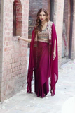 Elegant Maroon Indo-Western Drape Set with Embroidered Blouse