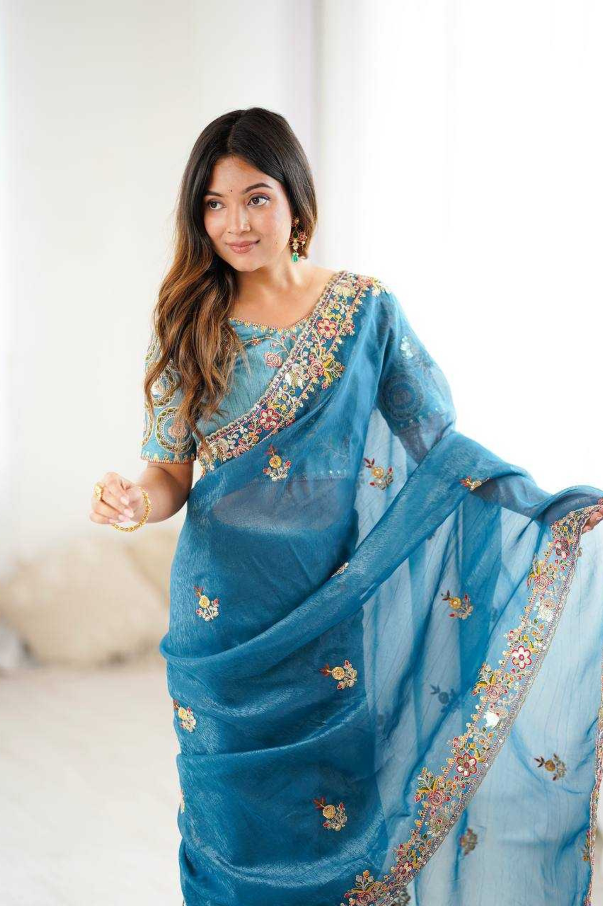 Premium Crunchy Silk Saree with Heavy Thread, Codding & Sequin Embroidery