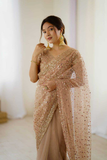 Net Saree with Heavy Sequins & Dori Work- Cream