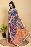 Navy Blue Jacquard Patta Linen Cotton Saree with Copper Border & Artistic Block Print Pallu