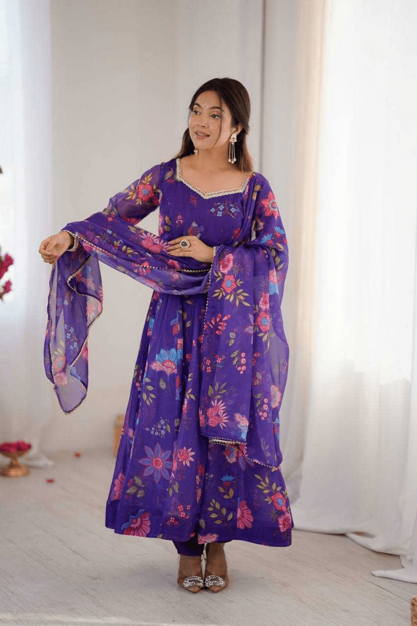 Royal Bloom Organza Floral Anarkali Gown Set - kavyo.in