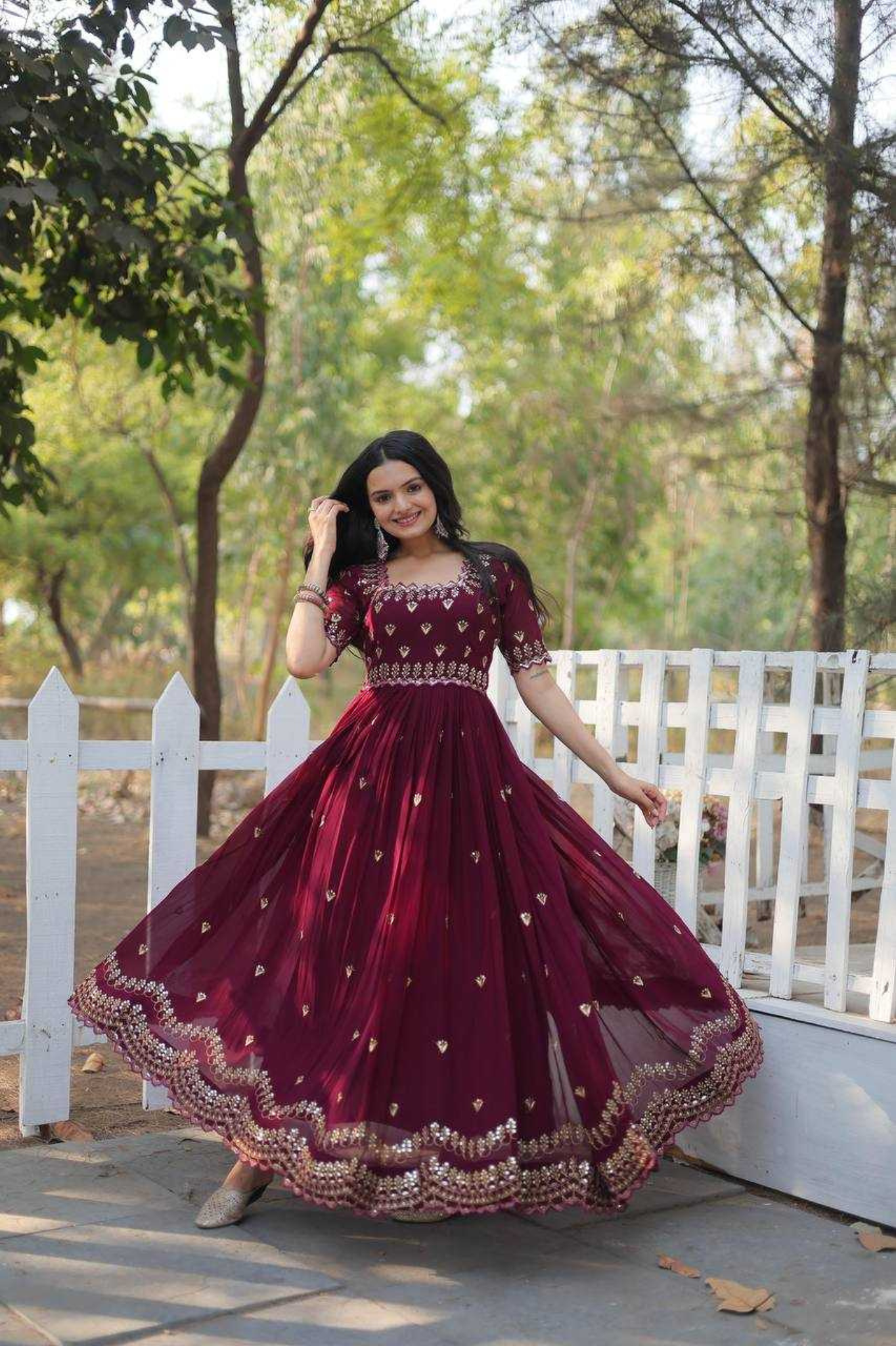 Wine Georgette Blooming Anarkali Gown with Zari & Sequins - kavyo.in