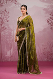 Premium Olive Green Silk Saree with Real Mirror & Glitter Dori Work