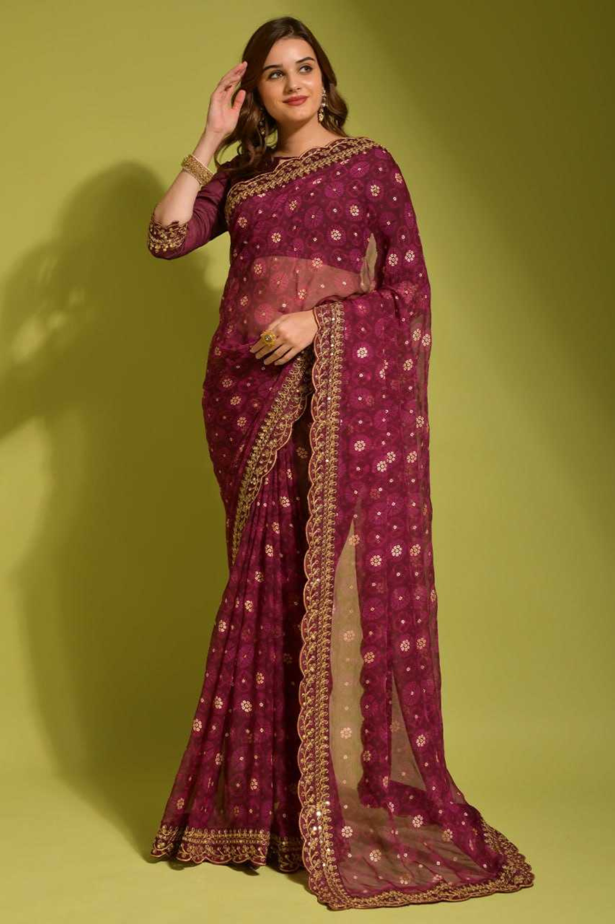 Wine Georgette Chiffon Saree with Floral Foil Print and Embroidered Lace Border