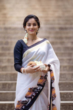 White Linen Cotton Digital Printed Saree with Banglory Blouse