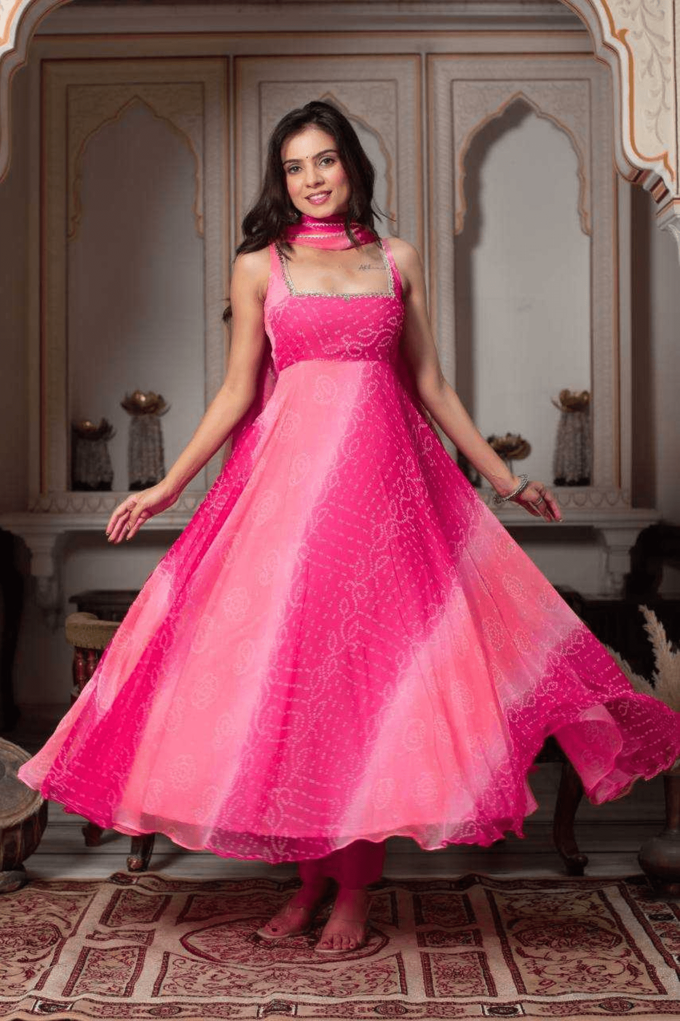 Rani Pink Mirror - Work Faux Georgette Anarkali Set - kavyo.in