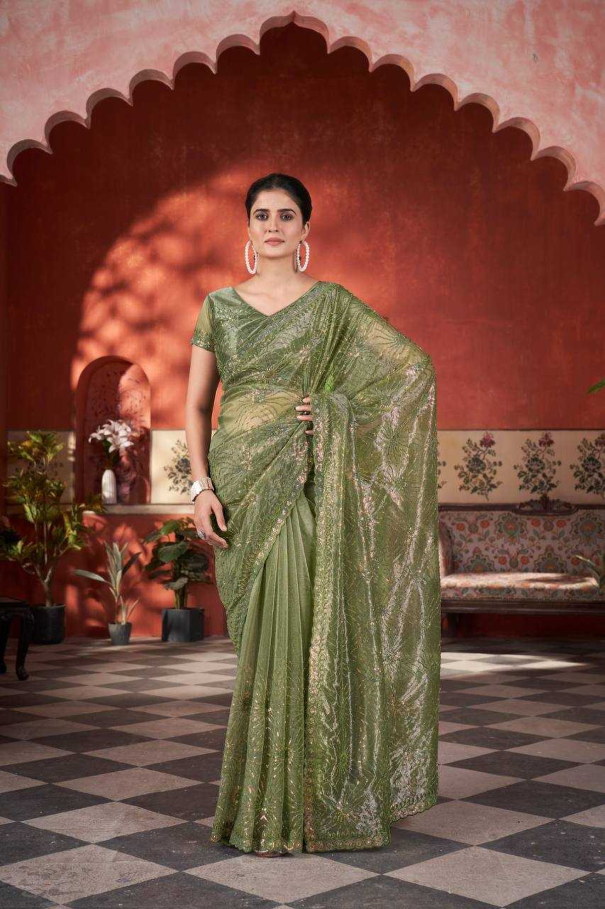 Elegant Twill Net Saree with Two-Tone Sequins & Beads Embroidery
