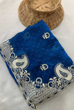 Royal Blue Fendy Chiffon Silk Embroidered Saree with Blouse Piece