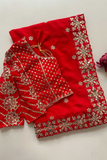 Red Faux Georgette Saree with Heavy Sequin Embroidery and Mirror Lace Border