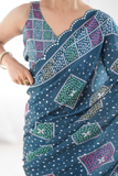 Royal Blue Kutchi Print Heavy Chinnon Saree with Mirror Lace Border