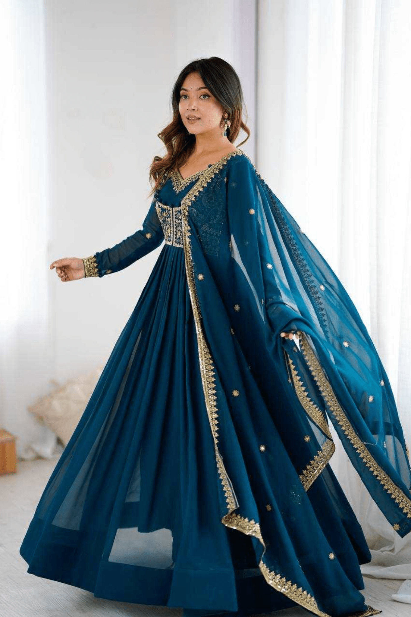 Teal Royale Faux Georgette Embroidered Suit Set with Dupatta - kavyo.in