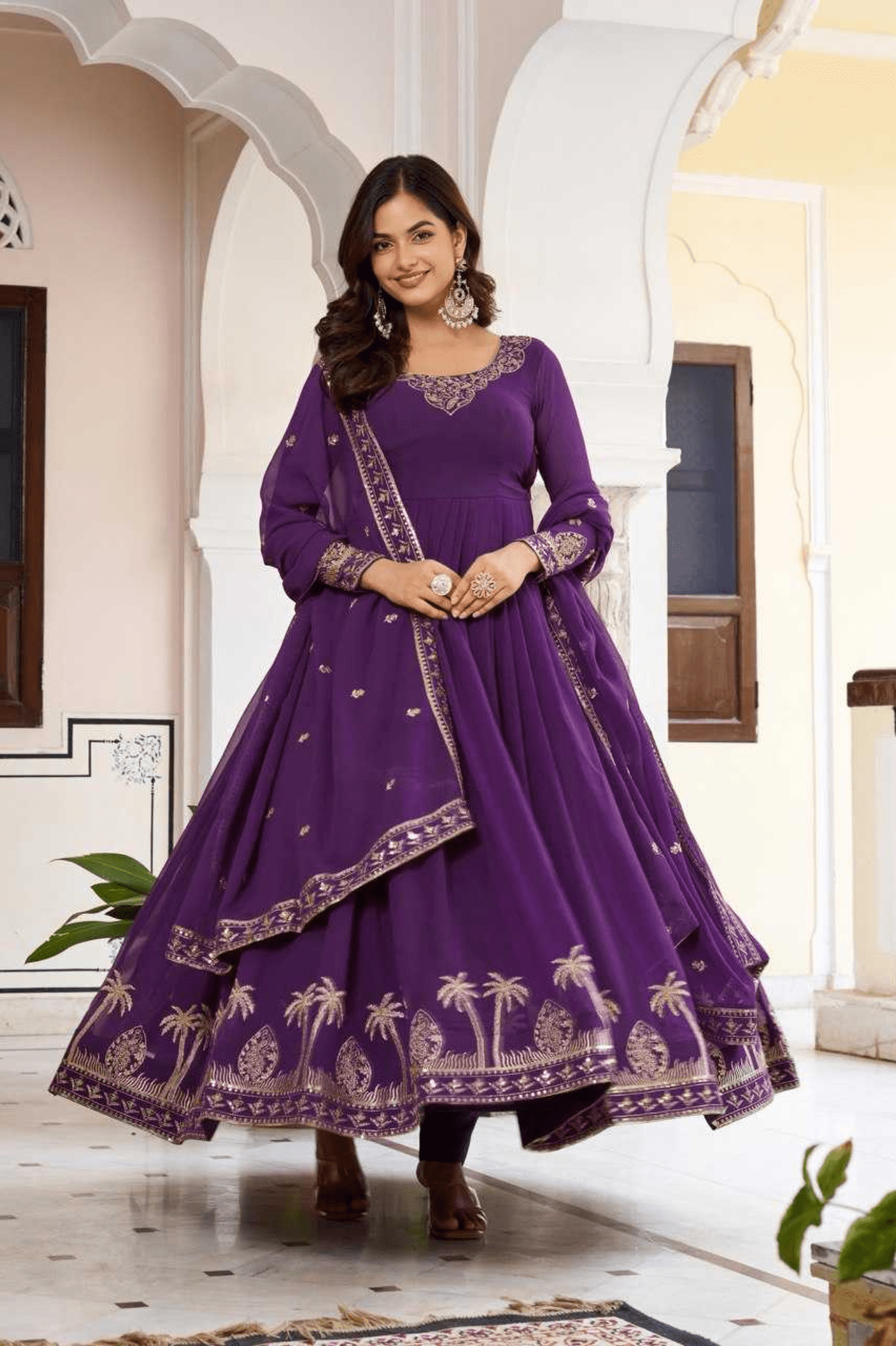 Royal Amethyst Faux Georgette Anarkali Gown Set with Dupatta - kavyo.in