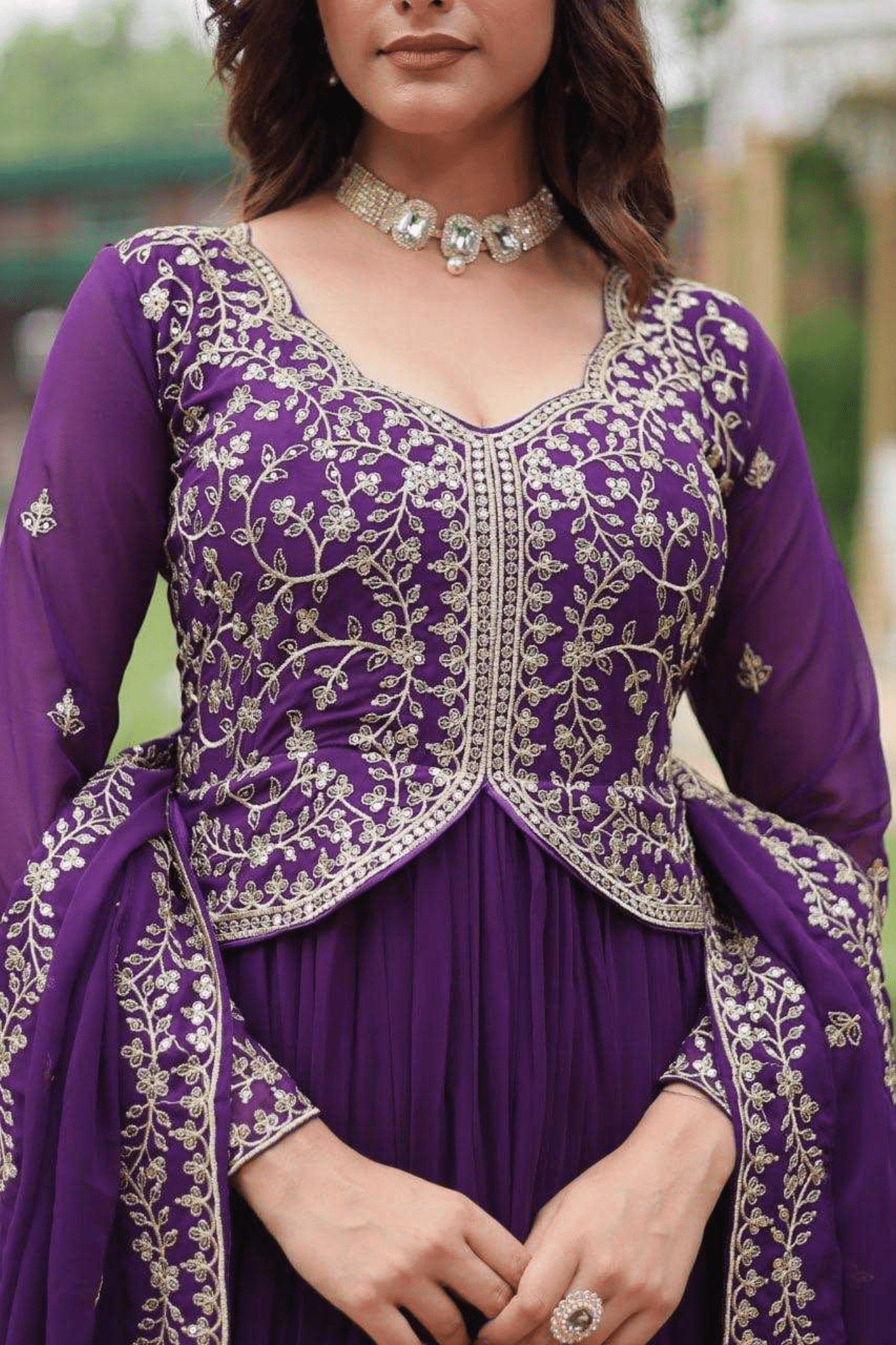 Elegant Faux Blooming Embroidered Anarkali Gown Set - Purple - kavyo.in