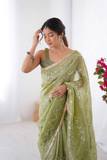 Green Glam Crush Saree with Moti & ZigZag Sequin Embroidery