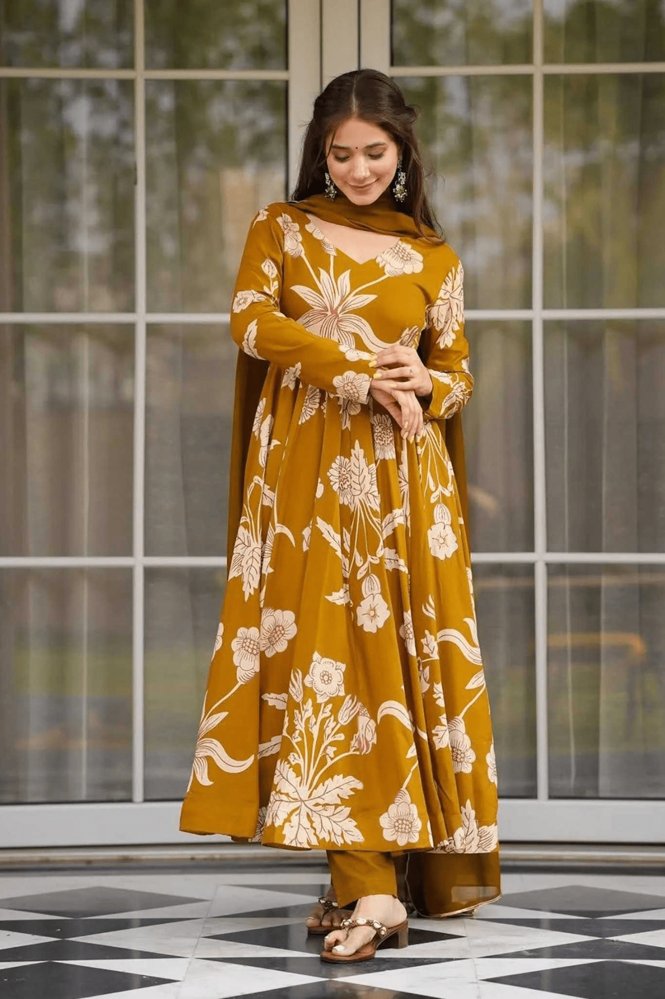 Vaani Mustard Bloom Rayon Anarkali Suit Set - kavyo.in