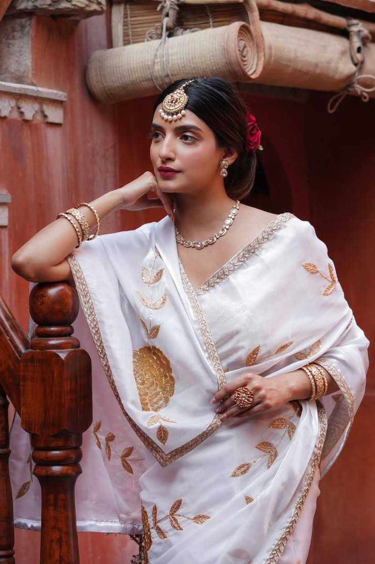 Premium White Georgette Saree with Golden Zari Embroidery & Sequin Detailing