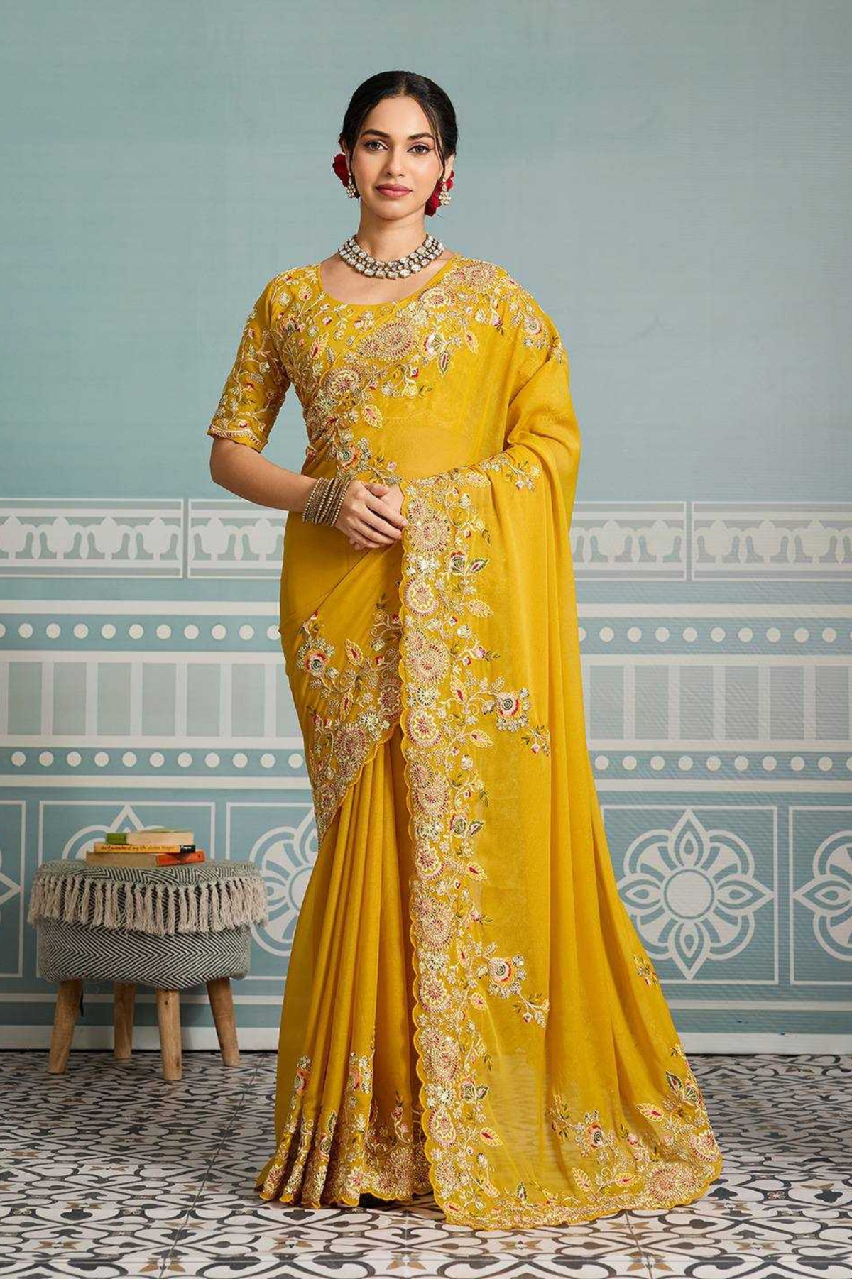 Soft Star Georgette Saree with Embroidered Cutwork Aarco Border & Matching Work Blouse