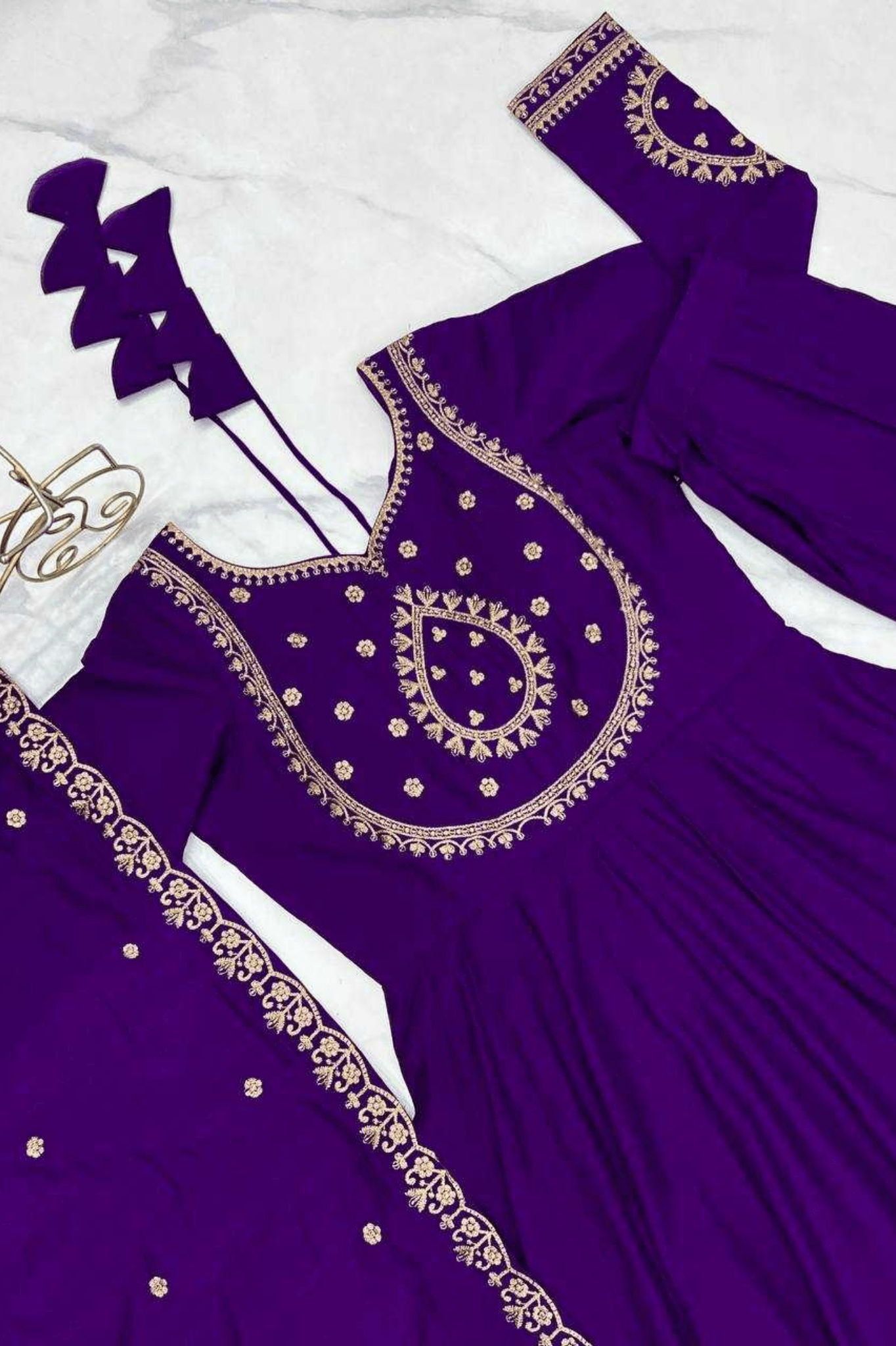 Royal Purple Roman Chanderi Silk Anarkali Gown Set - kavyo.in