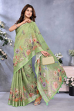 Vibrant Lime Green Linen Shimmer Floral Printed Saree