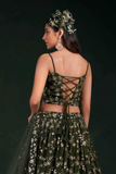Olive Green Georgette Sequins & Zari Embroidered Lehenga Choli with Net Dupatta