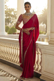 Shilpa Shetty Inspired Royal Red Satin Silk Saree with Original Mirror and Embroidery Work