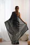 Black Heavy Chinnon Saree with Mirror Lace and Print Detailing