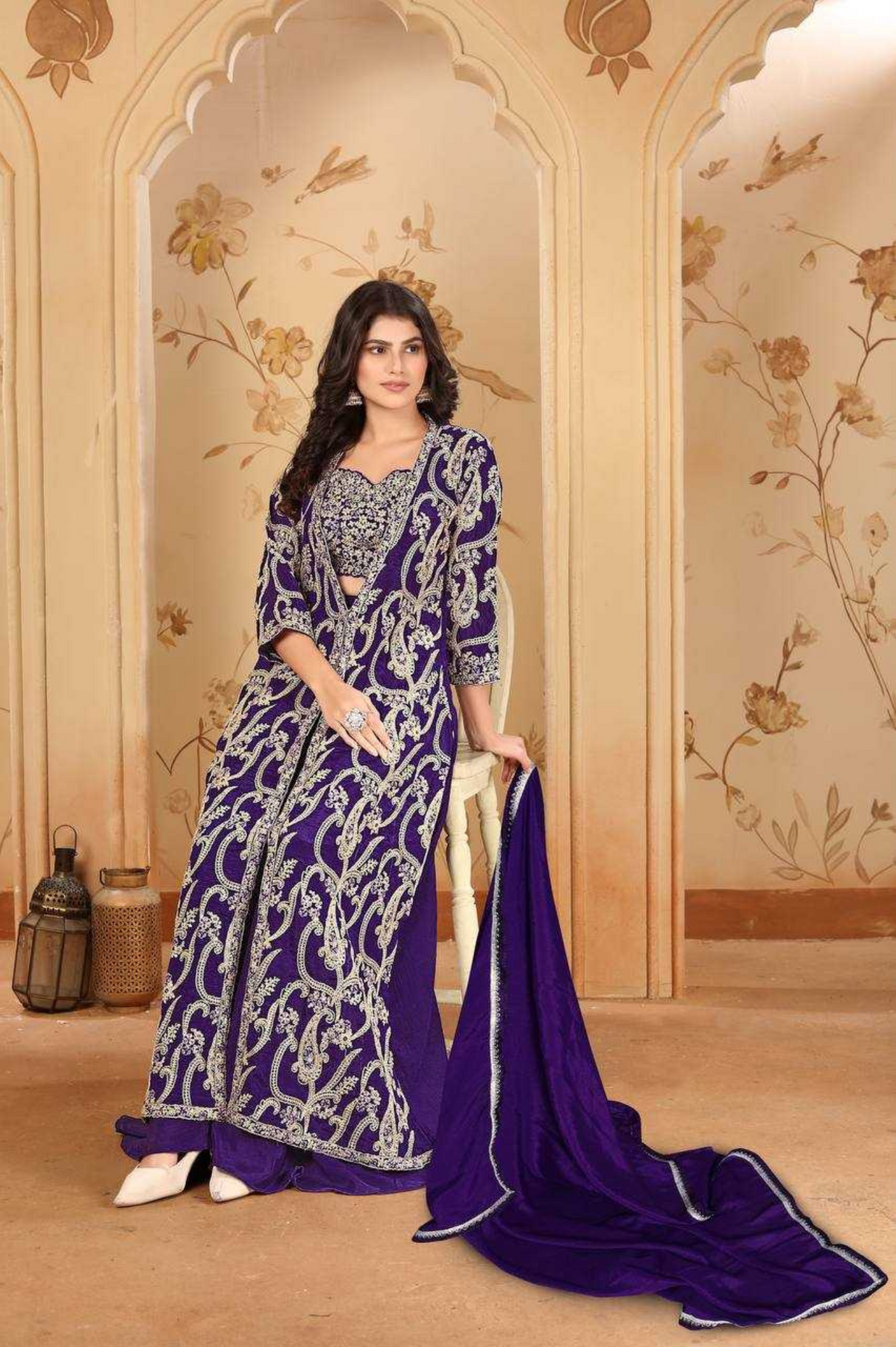Elegant Purple Chinon Embroidered Jacket Set with Dupatta