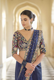 Navy Blue Organza Saree with Zari, Sequins & Thread Embroidery Work