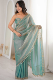 Teal Tissue Fandi Silk Dropline Sequin Border Saree