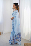 Sky Blue Chinnon Saree with Kutchi Mirror Lace