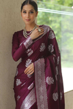 Wine Paisley Banarasi Soft Silk Silver Zari Woven Saree