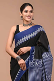 Elegant Black & Blue Linen Saree with Digital Print