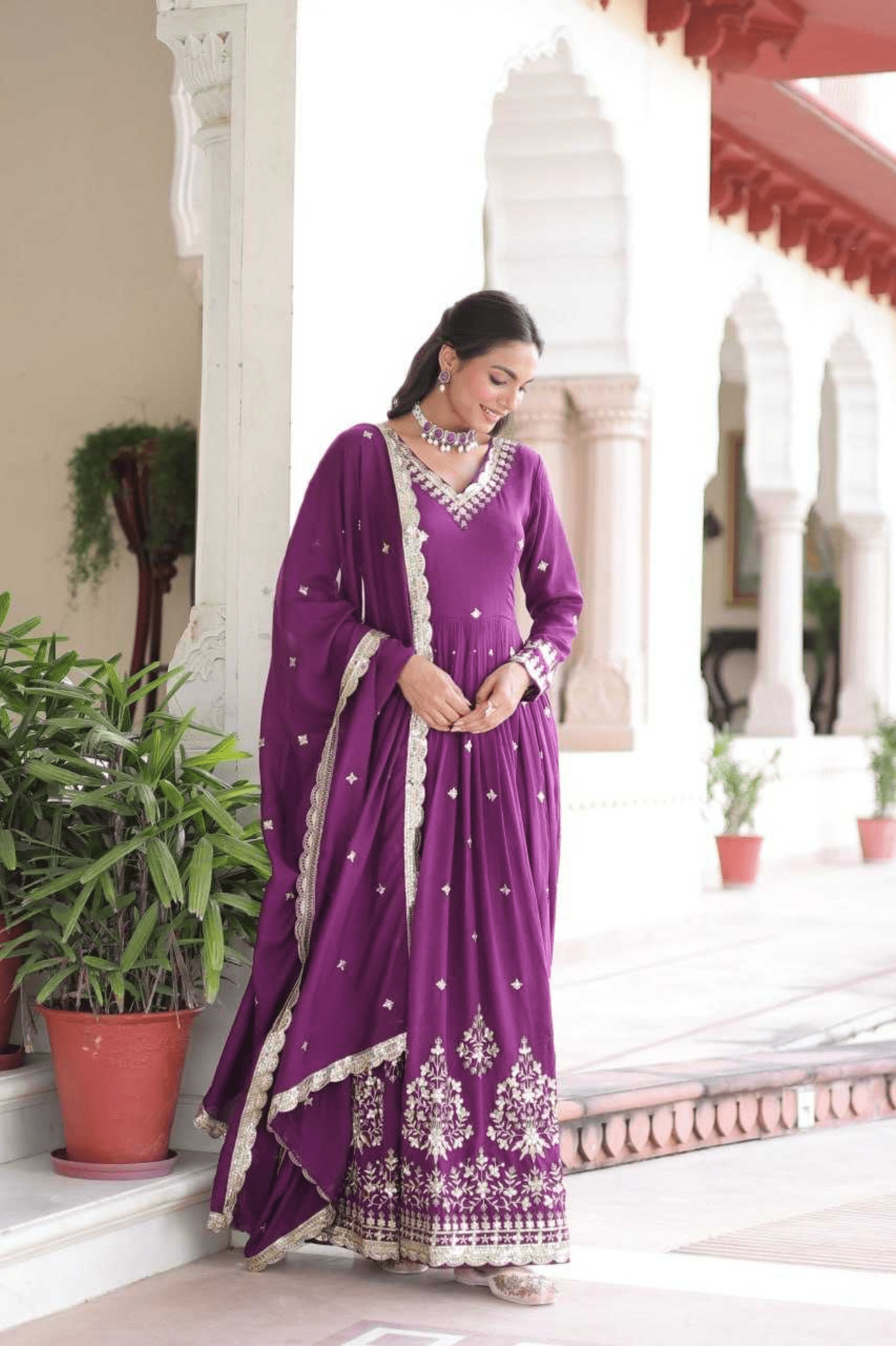 Purple Royal Vichitra Silk Anarkali Gown Set - kavyo.in