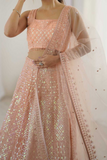 Emerald Peach Net Sequins Lehenga with Blouse & Dupatta