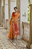 Orange Soft Desi Raw Silk Saree with Pochampally Ikkat Concept & Zari Weaving Border